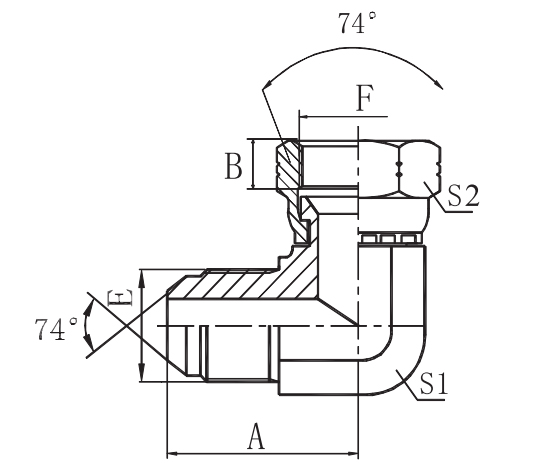 90° ELBOW JIC MALE 74° CONE /JIC FEMALE 74° SEAT